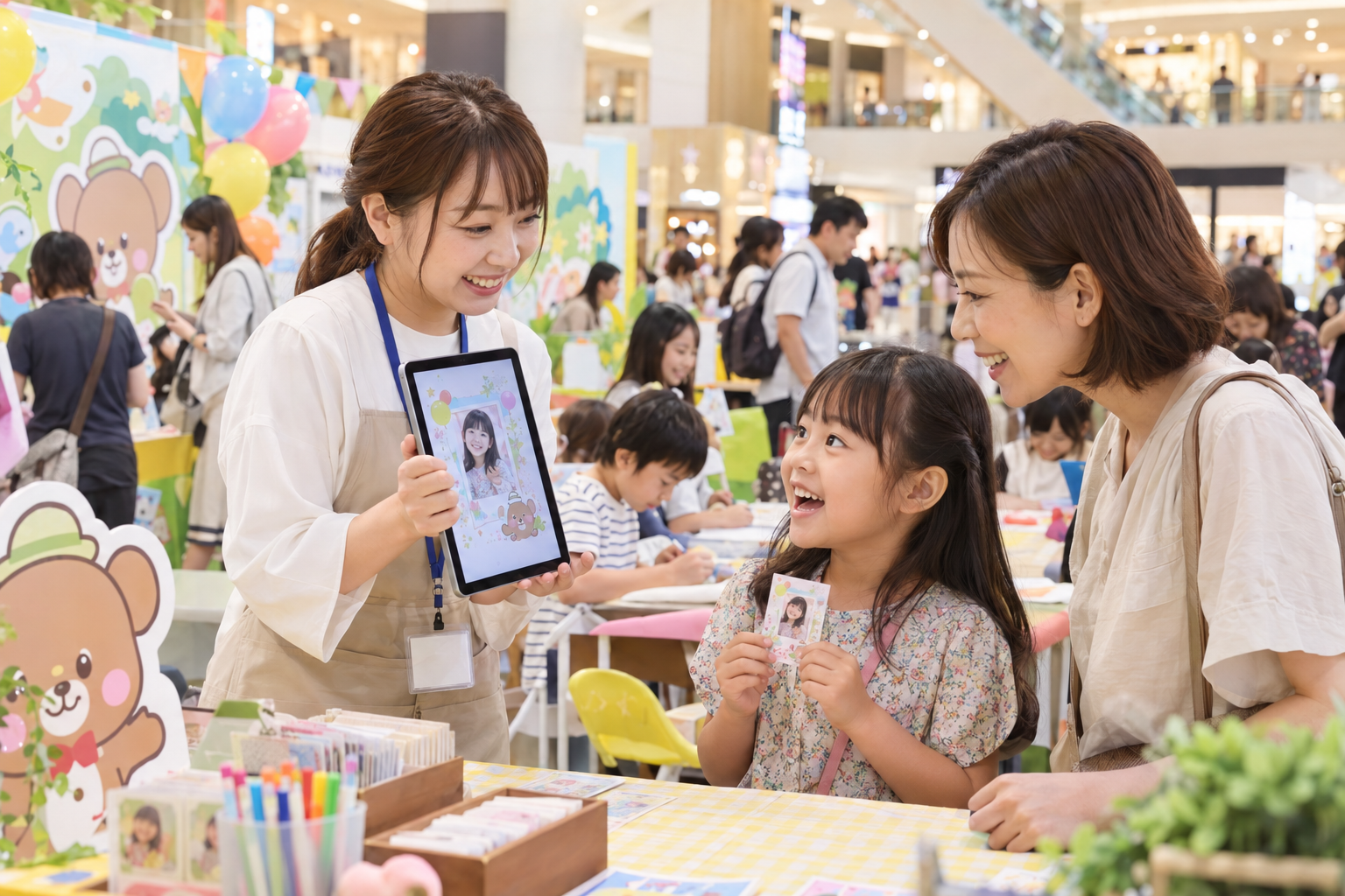 イベント集客ツールのタブレットを縦に持ち、親子へカード作りを案内するスタッフ